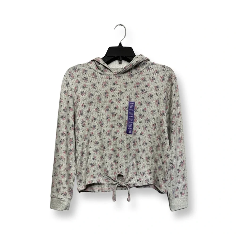 Hollywood The Jean People Girls Top Beige Floral Hooded Waffle Knit M 10-12 New